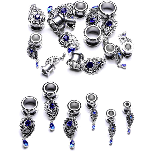 Blue Gem Filigree Drop Dangle Screw Fit Tunnel Plug Set 6mm to 16mm