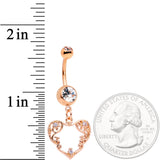 Clear CZ Gem Rose Gold Tone Scrollwork Heart Dangle Belly Ring