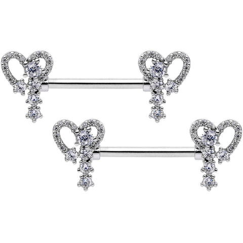 14G 9/16 Clear Gem Valentine Heart Barbell Nipple Ring Set