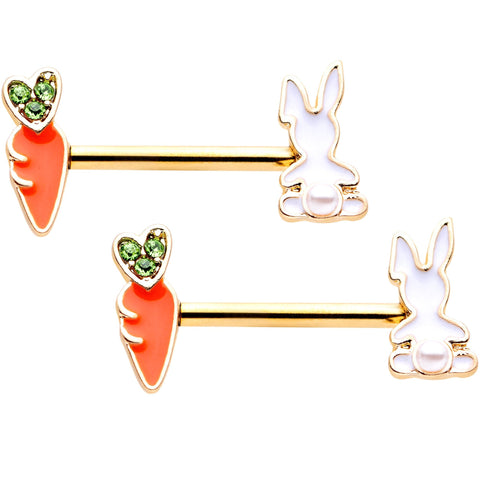 14G 9/16 Green Gem Gold Tone Bunny Carrot Barbell Nipple Ring Set
