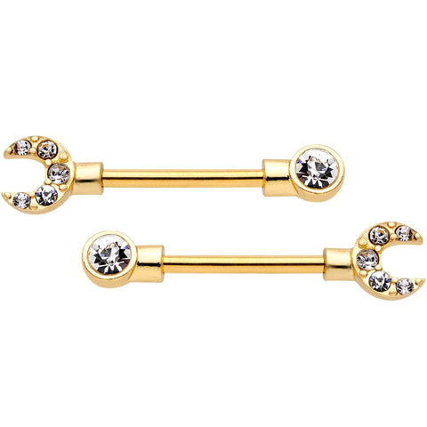 14G Clear CZ Gem Gold Tone Crescent Wrench Barbell Nipple Ring Set