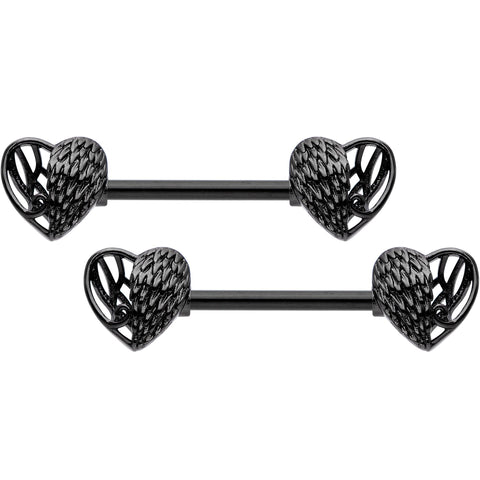 14G 9/16 Black Angels Wings Barbell Nipple Ring Set