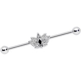 14G Clear Black Gem Crown Lotus Flower Industrial Barbell 38mm