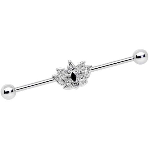 14G Clear Black Gem Crown Lotus Flower Industrial Barbell 38mm