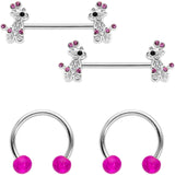 14G Clear Pink Gem Giraffe UV Horseshoe Nipple Ring Set