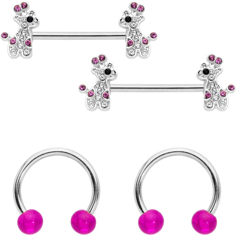 14G Clear Pink Gem Giraffe UV Horseshoe Nipple Ring Set