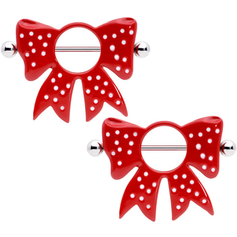 14G 33mm Red White Polka Dot Bow Nipple Shield Set