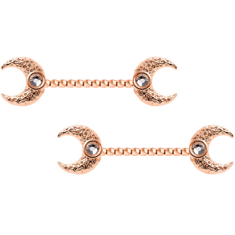 14G Clear Gem Rose Gold Tone Witch Moon Barbell Nipple Ring Set