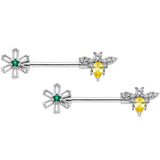 14G 9/16 Clear Yellow CZ Gem Bee Flower Barbell Nipple Ring Set