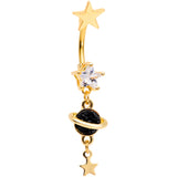 Clear CZ Gem Gold Tone Saturn Stars Dangle Belly Ring