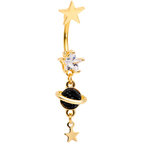 Clear CZ Gem Gold Tone Saturn Stars Dangle Belly Ring