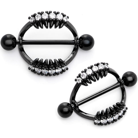 14G 9/16 Clear CZ Gem Black Scary Fang Halloween Nipple Shield Set