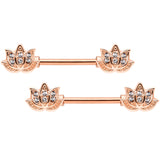 14G 9/16 Clear Gem Rose Gold Tone Lotus Flower Barbell Nipple Ring Set
