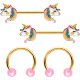 14G Gold Tone Unicorn UV Horseshoe Barbell Nipple Ring Set of 4