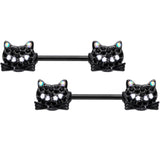 14G 9/16 Black Aurora Gem Crafty Kitty Cat Barbell Nipple Ring Set
