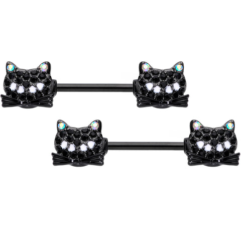 14G 9/16 Black Aurora Gem Crafty Kitty Cat Barbell Nipple Ring Set