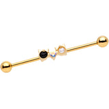 14G Black White CZ Gem Gold Tone Kitty Cat Luv Industrial Barbell 38mm
