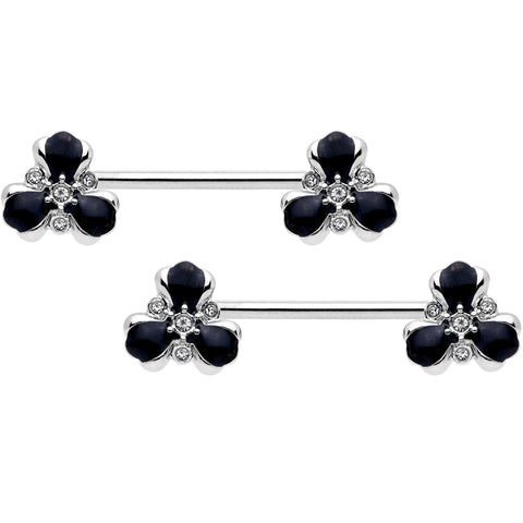 14G 9/16 Clear Black Gem Abstract Flower Barbell Nipple Ring Set