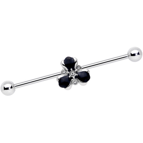 14G Clear Black Gem Abstract Flower Industrial Barbell 38mm