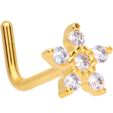 18G 7mm Clear CZ Gem Gold Tone Tiny Flower L Shaped Nose Ring