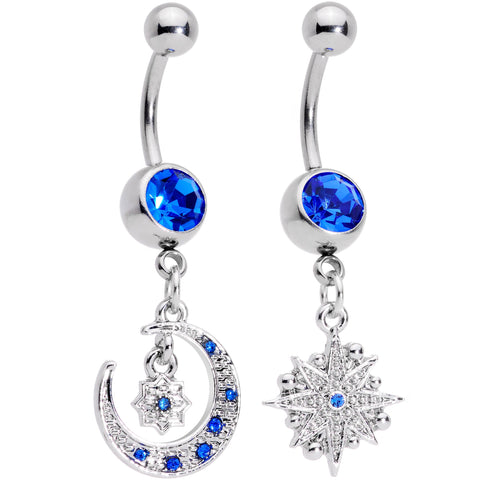 Blue Gem Compass Star Crescent Moon Dangle Belly Ring Set of 2