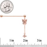 14G Clear Gem Rose Gold Tone Butterfly Dangle Industrial Barbell