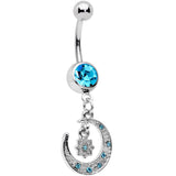Aqua Gem Starburst Crescent Moon Dangle Belly Ring Set of 2