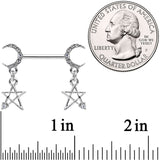 14G 9/16 Clear Gem Moon Star Dangle Barbell Nipple Ring Set