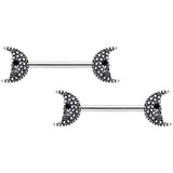 14G 9/16 Black Gem Skull Crescent Moon Barbell Nipple Ring Set