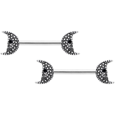 14G 9/16 Black Gem Skull Crescent Moon Barbell Nipple Ring Set