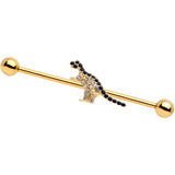 14G Clear Black Gem Gold Tone Dinosaur Industrial Barbell 38mm