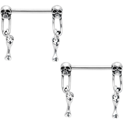 14G 9/16 Skull Safety Pin Dangle Barbell Nipple Ring Set