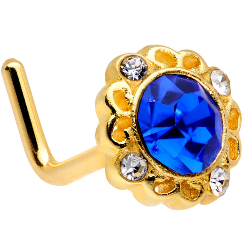 18G 5/16 Clear Blue Gem Gold Tone Regal L Shaped Nose Ring