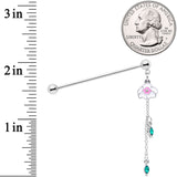 14G Clear Green Gem Flower Chain Dangle Industrial Barbell 38mm