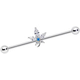 14G Clear Blue CZ Gem Marijuana Leaf Industrial Barbell 38mm