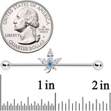 14G Clear Blue CZ Gem Marijuana Leaf Industrial Barbell 38mm