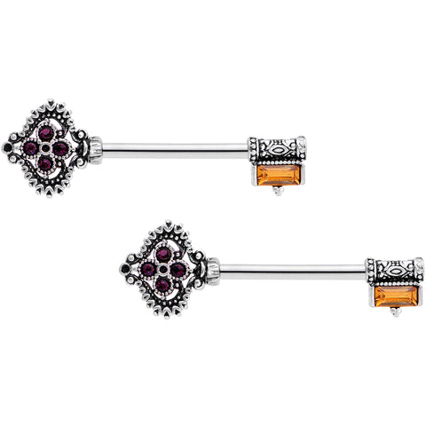 14G 9/16  Red Brown Gem Kings Key Barbell Nipple Ring Set