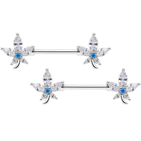 14G 9/16 Clear Blue CZ Gem Marijuana Leaf Barbell Nipple Ring Set