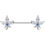 14G 9/16 Clear Blue CZ Gem Marijuana Leaf Barbell Nipple Ring Set