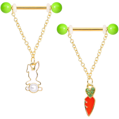 14G 9/16 Green Gem Gold Tone Bunny Dangle Barbell Nipple Ring Set