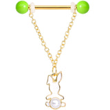 14G 9/16 Green Gem Gold Tone Bunny Dangle Barbell Nipple Ring Set