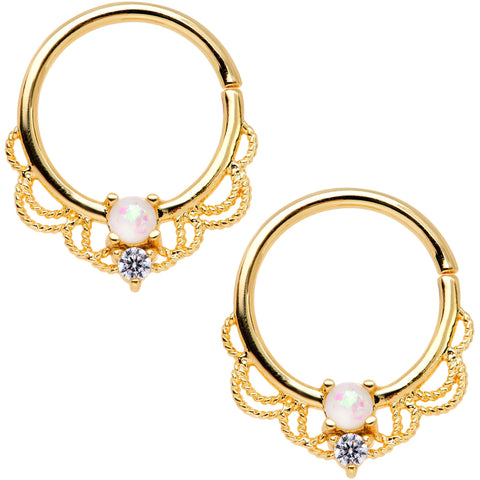 14G 9/16 White Faux Opal Gold Tone Lacy Nipple Clicker Set