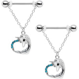 14G 5/8 Aqua Gem Unicorn Heart Dangle Barbell Nipple Ring Set