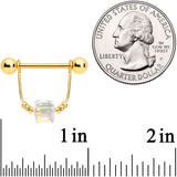 14G 5/8 Clear Gem Gold Tone Cube Dangle Nipple Ring Set