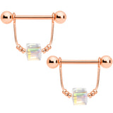 14G 5/8 Clear Gem Rose Gold Tone Cube Dangle Nipple Ring Set