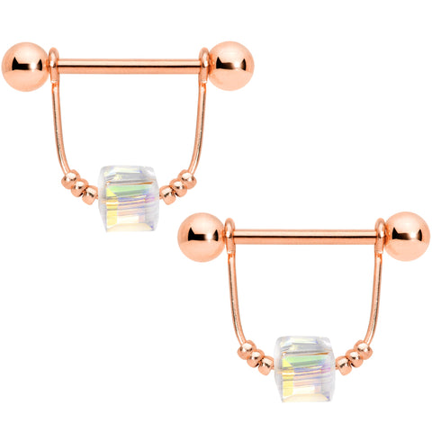 14G 5/8 Clear Gem Rose Gold Tone Cube Dangle Nipple Ring Set