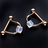 14G 5/8 Clear Gem Rose Gold Tone Cube Dangle Nipple Ring Set
