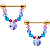 14G 5/8 Blue Purple Gem Gold Tone Disc Nipple Ring Set
