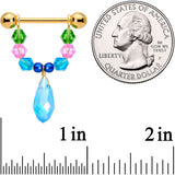 14G 5/8 Blue Pink Green Gem Gold Tone Drop Nipple Ring Set
