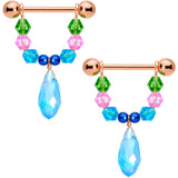 14G 5/8 Blue Pink Green Gem Rose Gold Tone Drop Nipple Ring Set